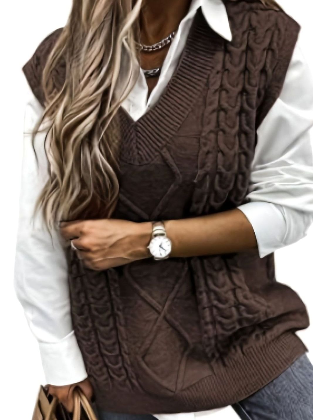 Cozy Cable Knit Sweater Vest for Women with V Neck Sleeveless Relaxed Oversized Style