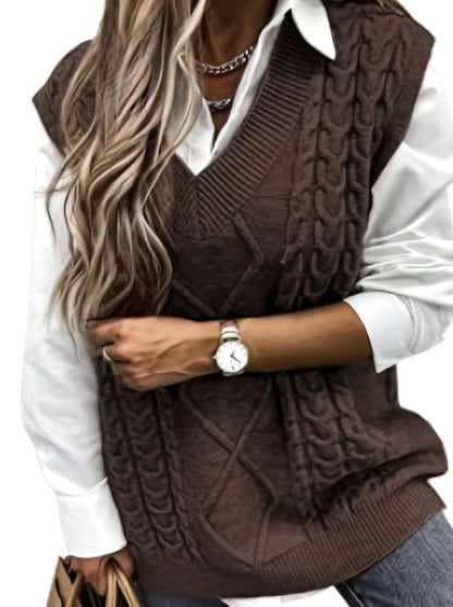Cozy Cable Knit Sweater Vest for Women with V Neck Sleeveless Relaxed Oversized Style
