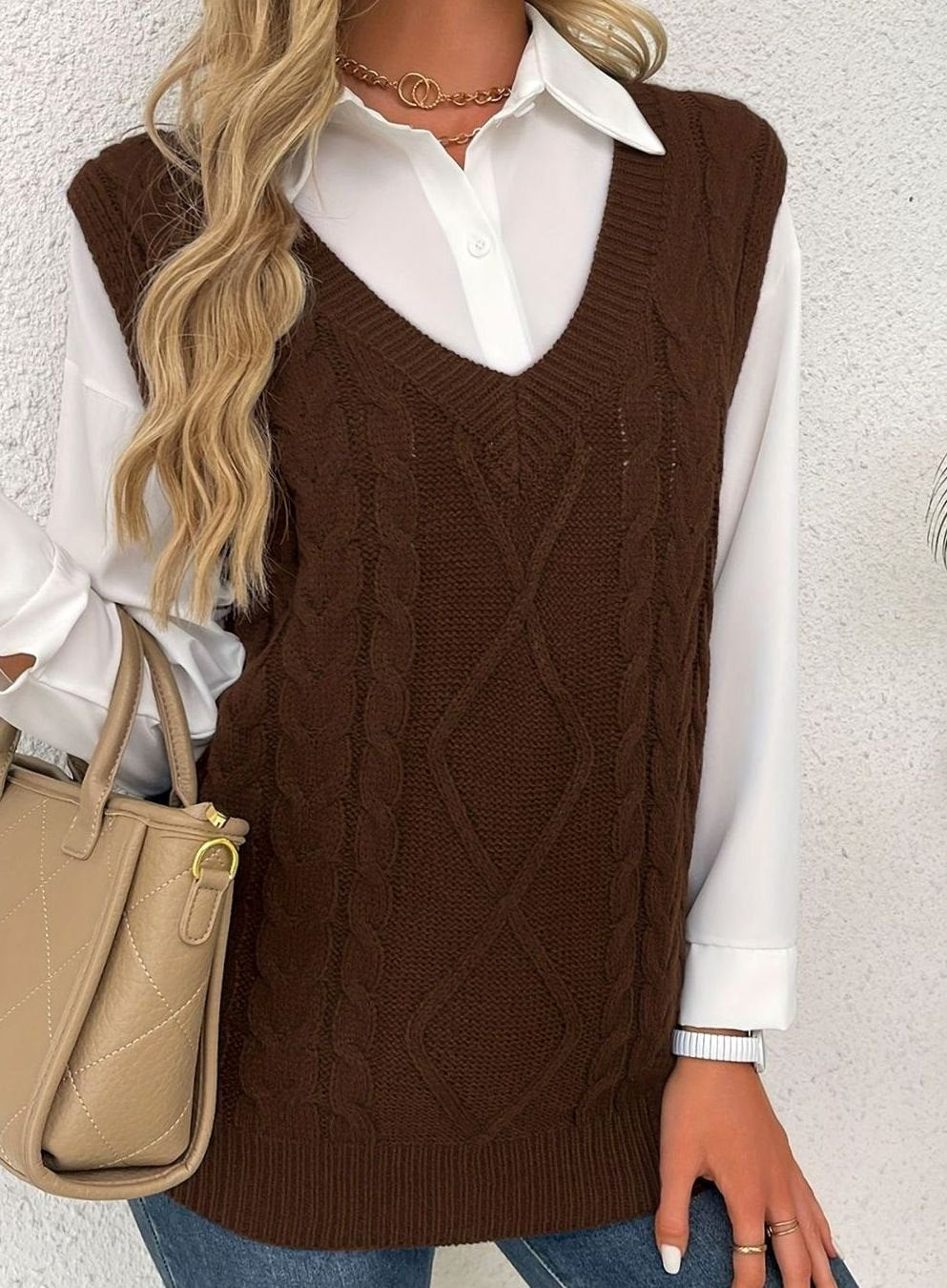 Cozy Cable Knit Sweater Vest for Women with V Neck Sleeveless Relaxed Oversized Style