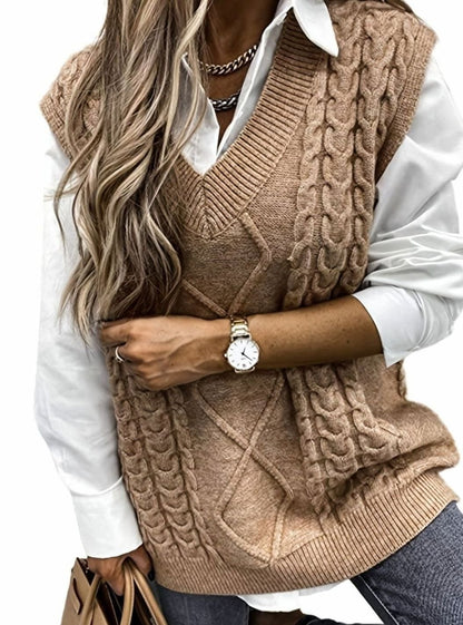 Cozy Cable Knit Sweater Vest for Women with V Neck Sleeveless Relaxed Oversized Style