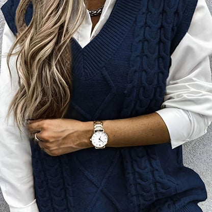 Cozy Cable Knit Sweater Vest for Women with V Neck Sleeveless Relaxed Oversized Style