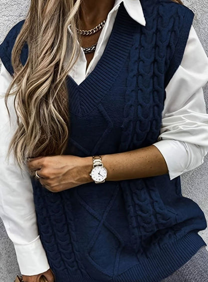 Cozy Cable Knit Sweater Vest for Women with V Neck Sleeveless Relaxed Oversized Style
