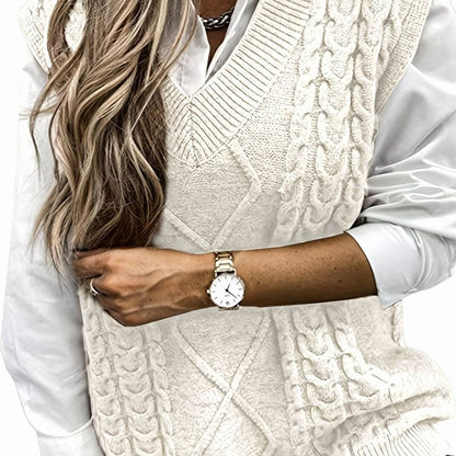 Cozy Cable Knit Sweater Vest for Women with V Neck Sleeveless Relaxed Oversized Style