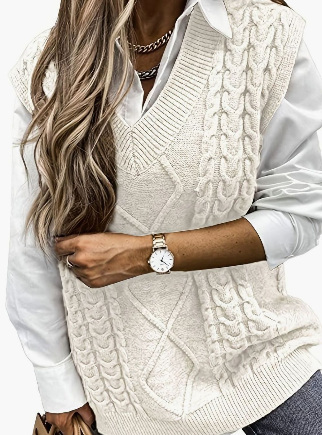 Cozy Cable Knit Sweater Vest for Women with V Neck Sleeveless Relaxed Oversized Style