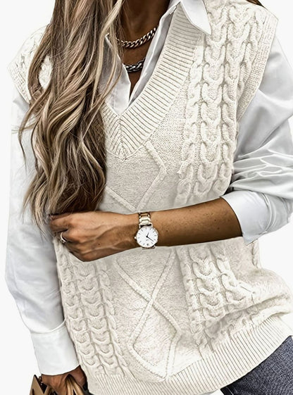 Cozy Cable Knit Sweater Vest for Women with V Neck Sleeveless Relaxed Oversized Style