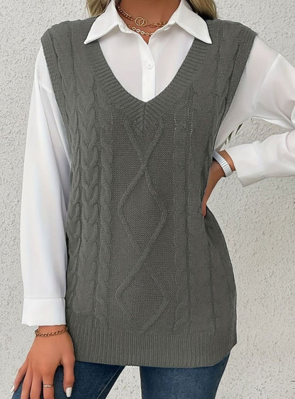 Cozy Cable Knit Sweater Vest for Women with V Neck Sleeveless Relaxed Oversized Style