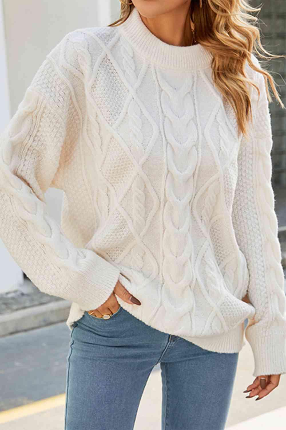 Cozy Cable Knit Sweater for Women with Mock Neck Long Sleeve Oversized Relaxed Style