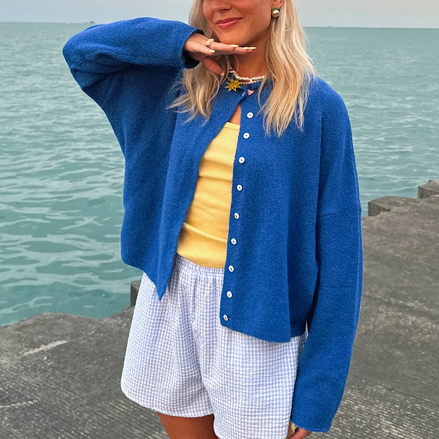 Comfortable Knit Cardigan for Women with Collar Long Sleeve Button Front Dropped Shoulder Relaxed Style