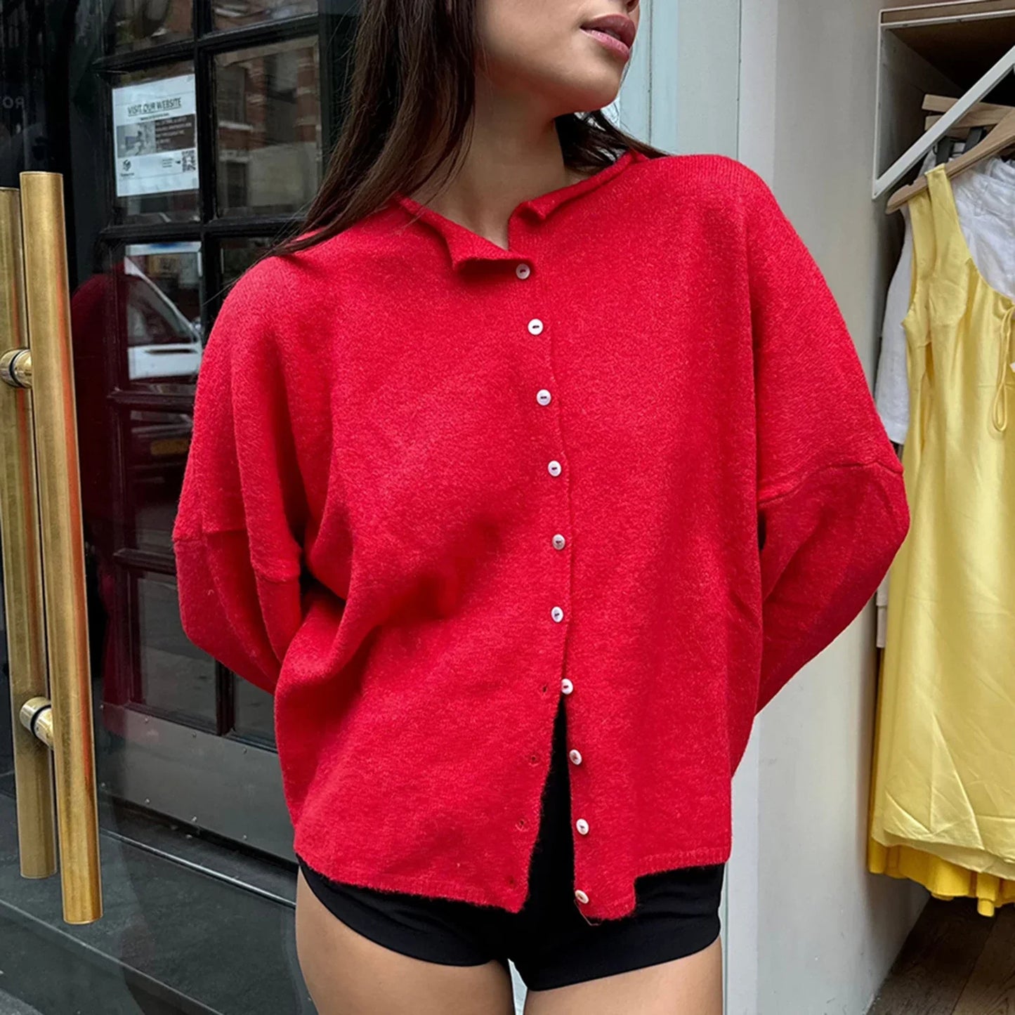 Comfortable Knit Cardigan for Women with Collar Long Sleeve Button Front Dropped Shoulder Relaxed Style