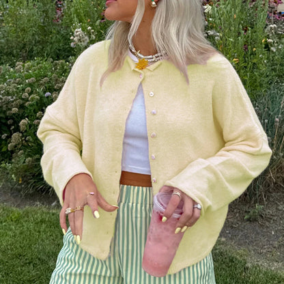 Comfortable Knit Cardigan for Women with Collar Long Sleeve Button Front Dropped Shoulder Relaxed Style
