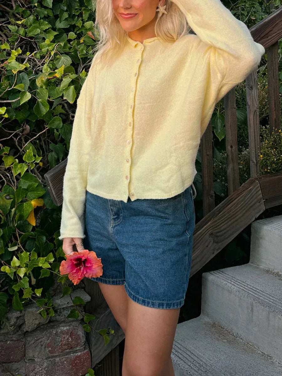 Comfortable Knit Cardigan for Women with Collar Long Sleeve Button Front Dropped Shoulder Relaxed Style