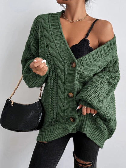 Cozy Cable Knit Cardigan for Women with V Neck Long Sleeve Button Front Oversized Style