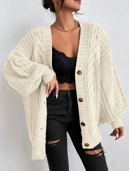 Cozy Cable Knit Cardigan for Women with V Neck Long Sleeve Button Front Oversized Style