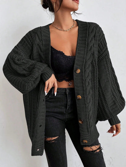 Cozy Cable Knit Cardigan for Women with V Neck Long Sleeve Button Front Oversized Style