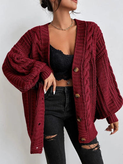 Cozy Cable Knit Cardigan for Women with V Neck Long Sleeve Button Front Oversized Style