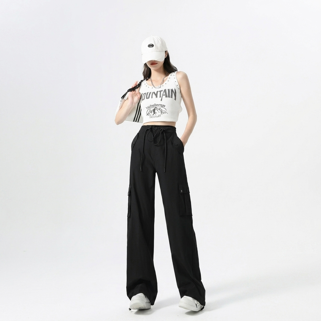 Effortless Black Cargo Pants for Women with High Waist Drawstring Wide Leg Streetwear Style
