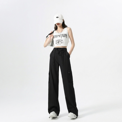 Effortless Black Cargo Pants for Women with High Waist Drawstring Wide Leg Streetwear Style