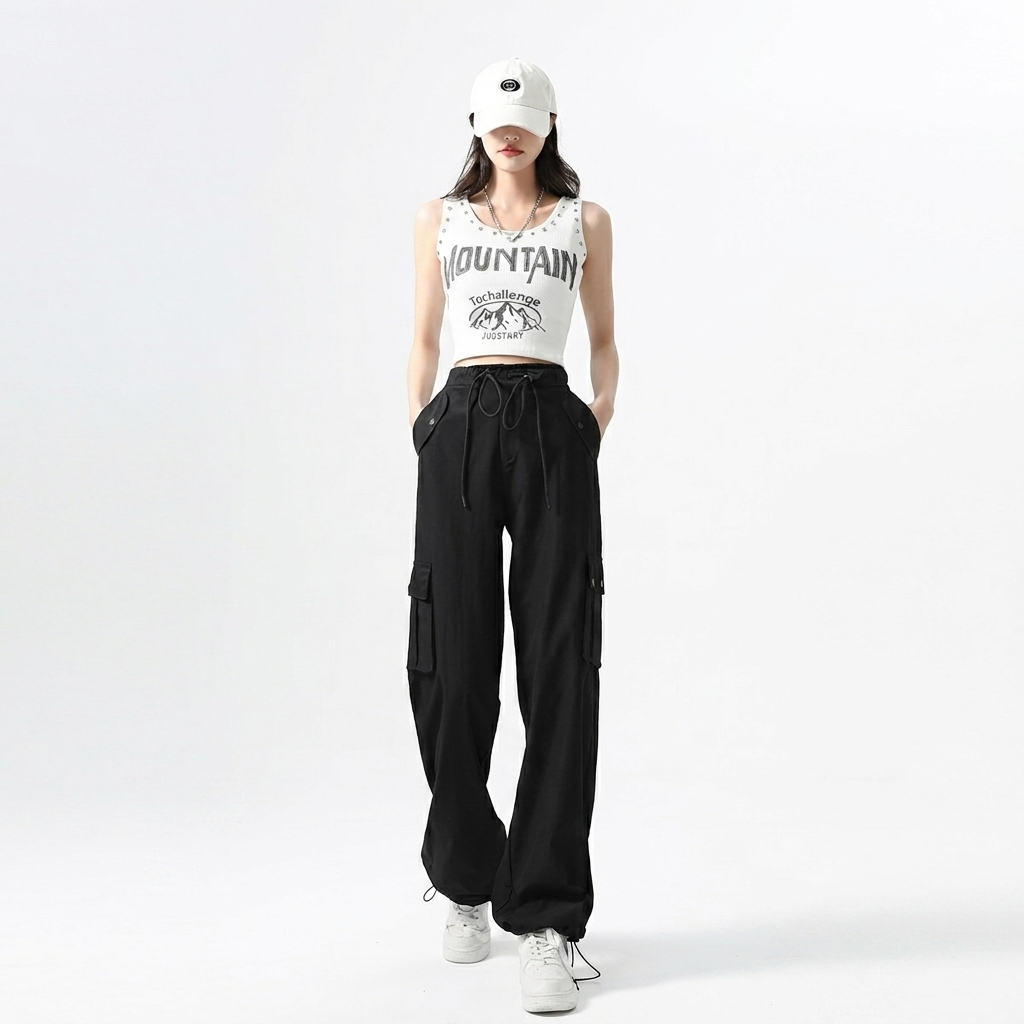 Effortless Black Cargo Pants for Women with High Waist Drawstring Wide Leg Streetwear Style