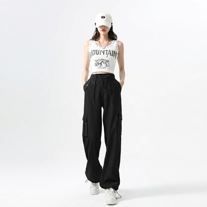 Effortless Black Cargo Pants for Women with High Waist Drawstring Wide Leg Streetwear Style