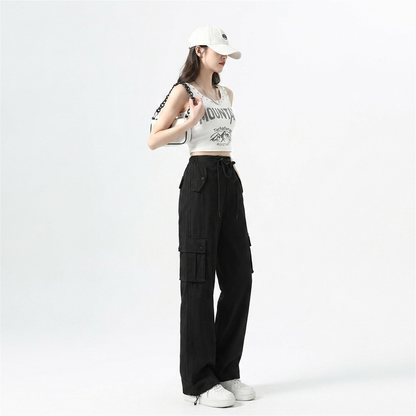 Effortless Black Cargo Pants for Women with High Waist Drawstring Wide Leg Streetwear Style