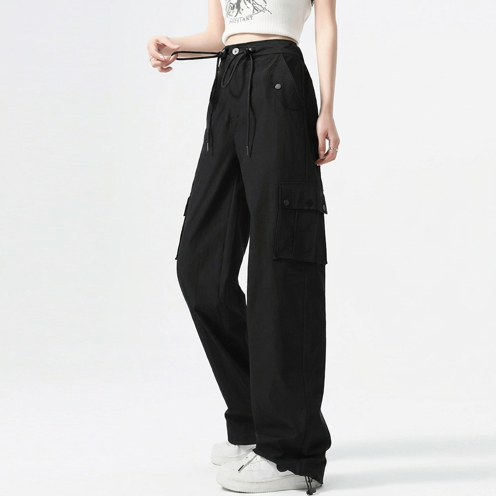 Effortless Black Cargo Pants for Women with High Waist Drawstring Wide Leg Streetwear Style
