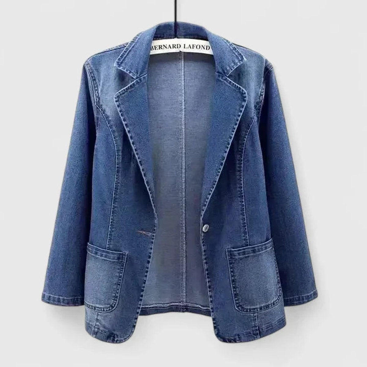 Chic Blue Denim Jacket for Women with Notched Lapel Long Sleeve Single Button Blazer Style