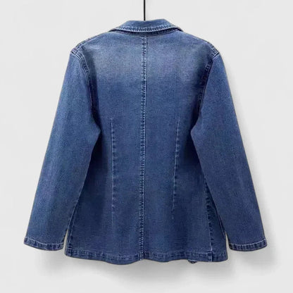 Chic Blue Denim Jacket for Women with Notched Lapel Long Sleeve Single Button Blazer Style