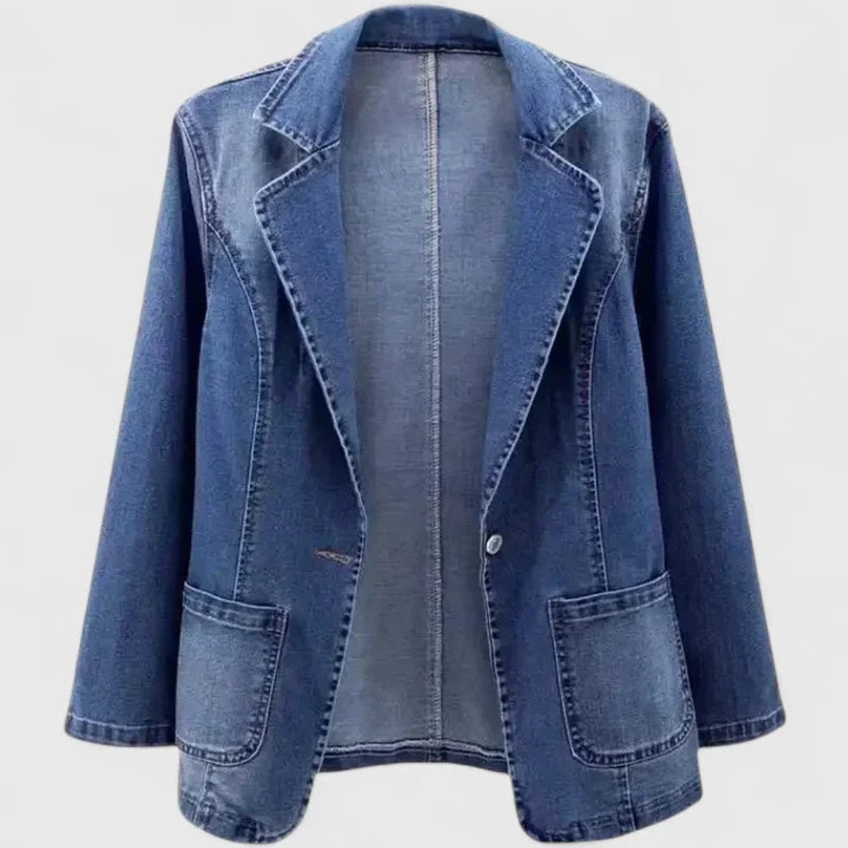 Chic Blue Denim Jacket for Women with Notched Lapel Long Sleeve Single Button Blazer Style