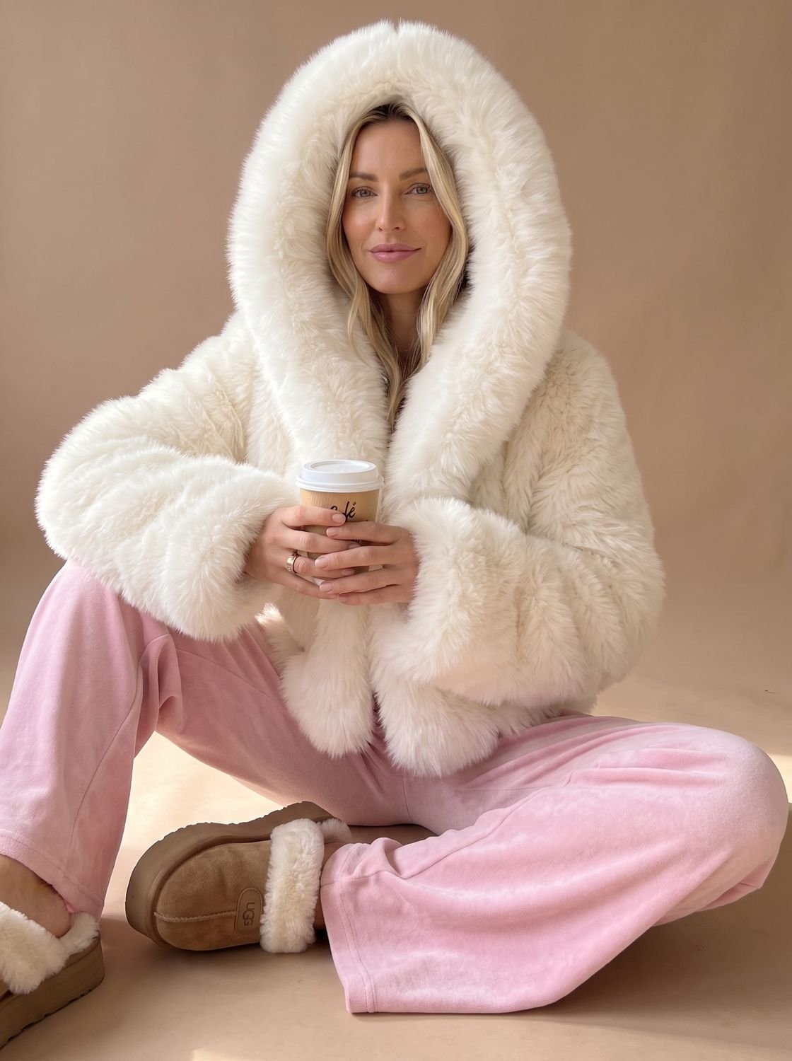 Cozy White Faux Fur Jacket for Women with Hooded Collar Long Sleeve Fluffy Cropped Zip Style
