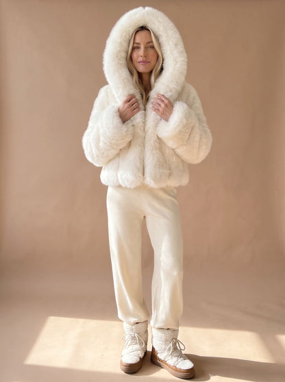 Cozy White Faux Fur Jacket for Women with Hooded Collar Long Sleeve Fluffy Cropped Zip Style