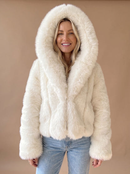 Cozy White Faux Fur Jacket for Women with Hooded Collar Long Sleeve Fluffy Cropped Zip Style