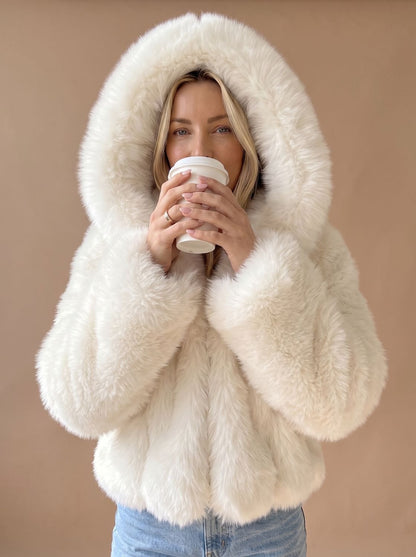 Cozy White Faux Fur Jacket for Women with Hooded Collar Long Sleeve Fluffy Cropped Zip Style