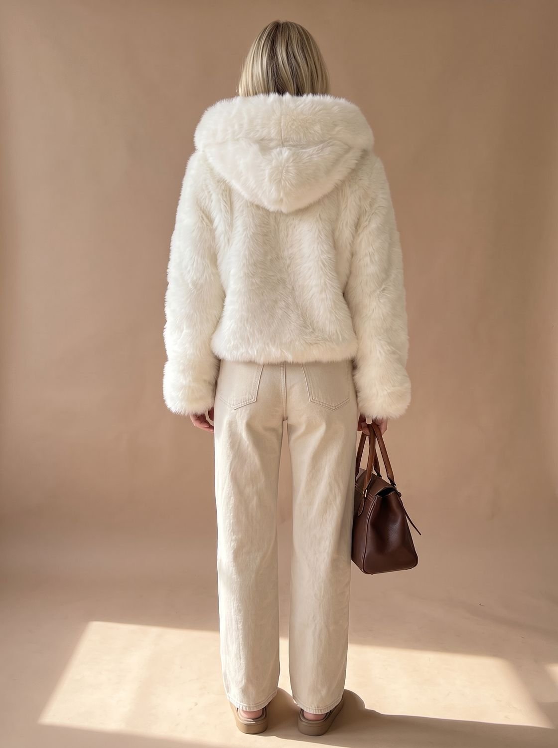 Cozy White Faux Fur Jacket for Women with Hooded Collar Long Sleeve Fluffy Cropped Zip Style