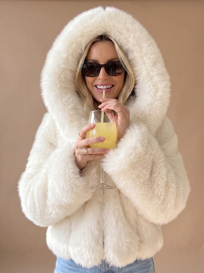 Cozy White Faux Fur Jacket for Women with Hooded Collar Long Sleeve Fluffy Cropped Zip Style