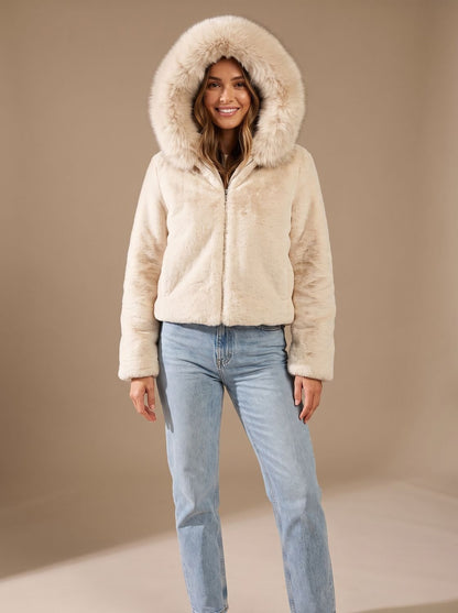 Cozy White Faux Fur Jacket for Women with Hooded Collar Long Sleeve Fluffy Cropped Zip Style