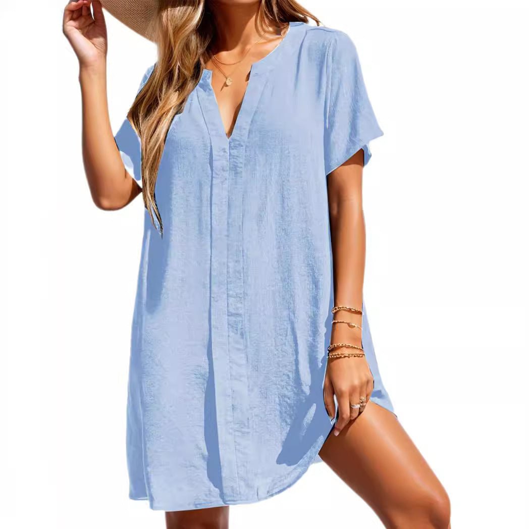 Effortless Sundress for Women with V-Neckline Short Sleeve Casual Tunic Style