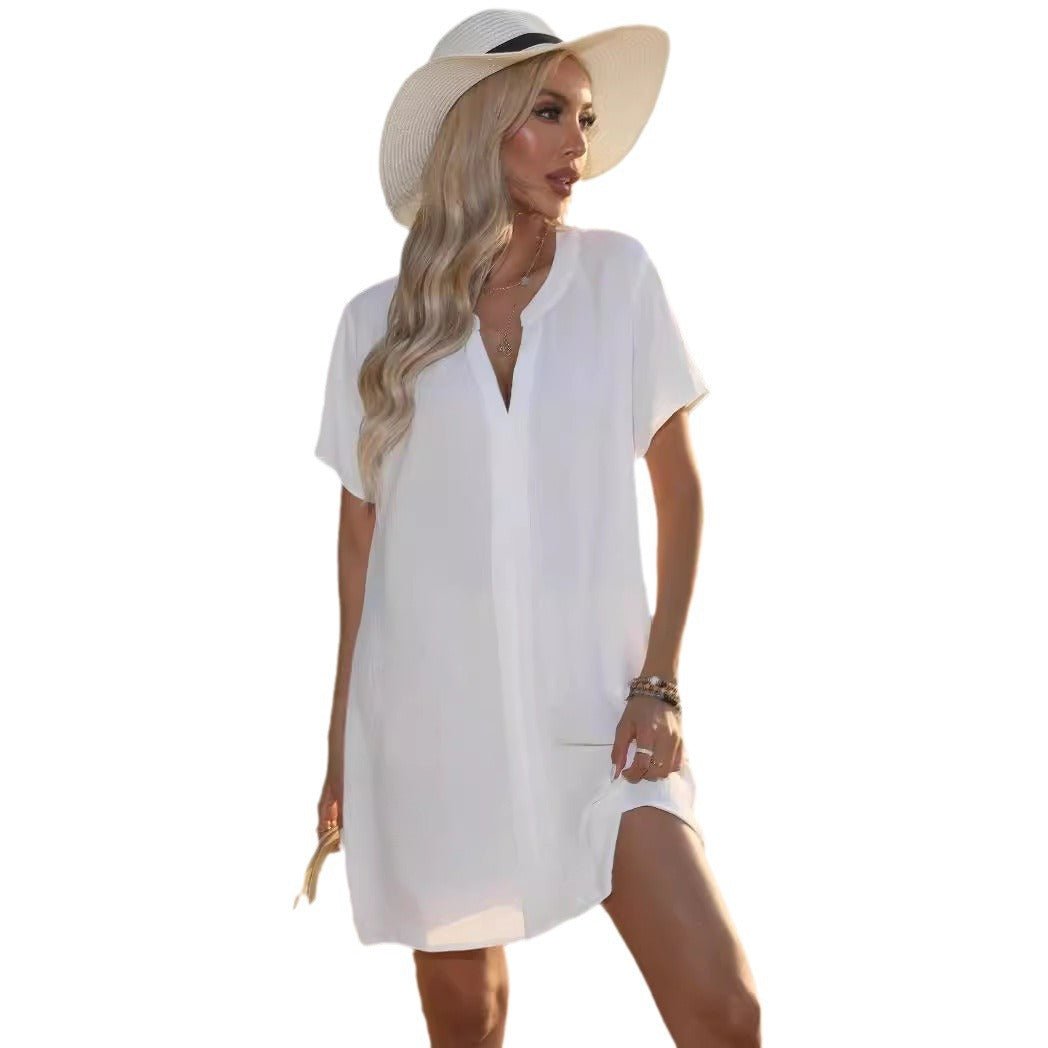 Effortless Sundress for Women with V-Neckline Short Sleeve Casual Tunic Style