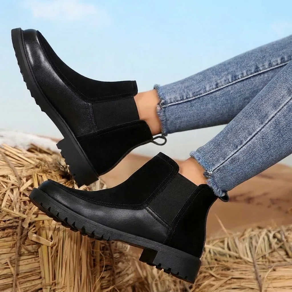 Stylish Black Boots for Women with Chelsea Ankle Lug Sole Stitch Detail Style