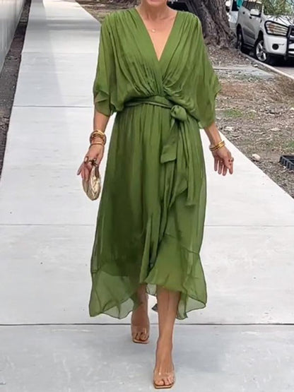 Elegant Chiffon Wrap Maxi Dress for Women with V Neck Batwing Sleeve Tie Waist Fall Wedding Guest Style