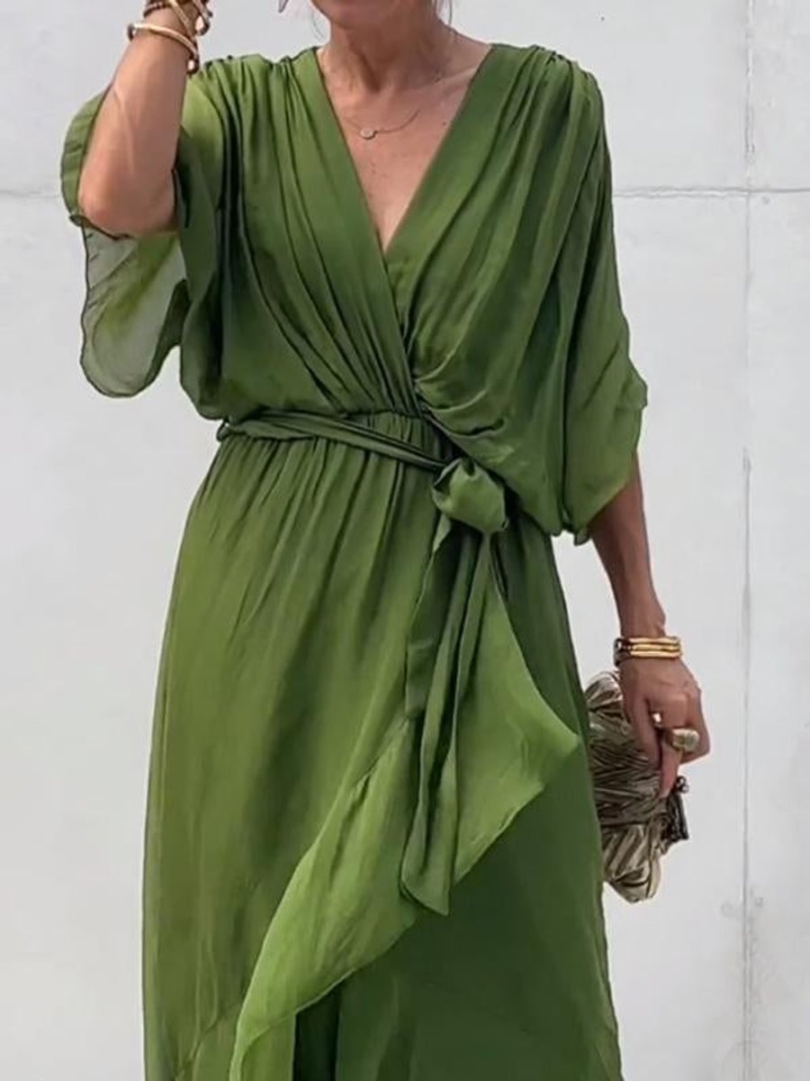 Elegant Chiffon Cocktail Party Dress for Women with V Neck Belted Flowing Bohemian Style