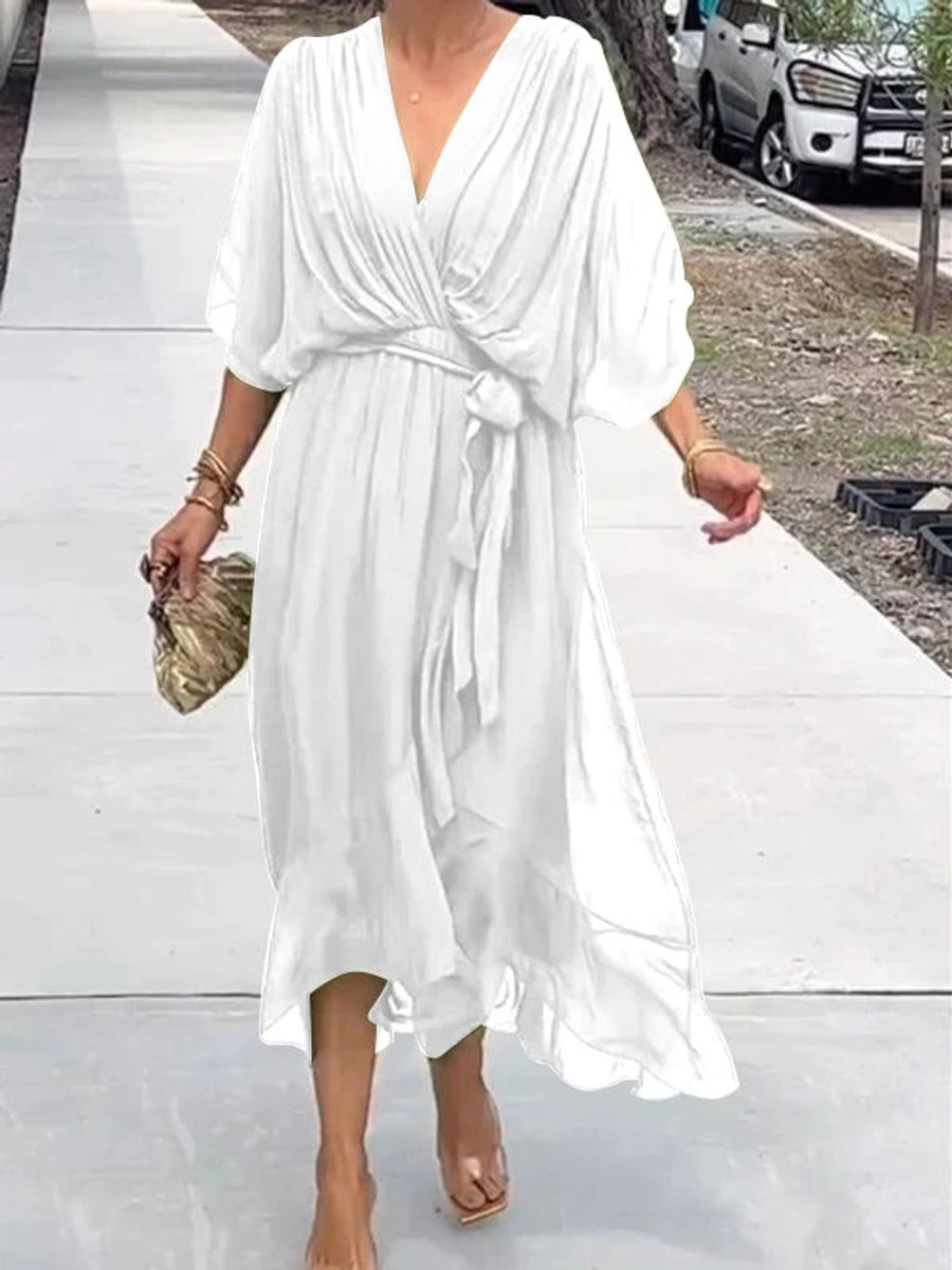 Elegant Chiffon Wrap Maxi Dress for Women with V Neck Batwing Sleeve Tie Waist Fall Wedding Guest Style