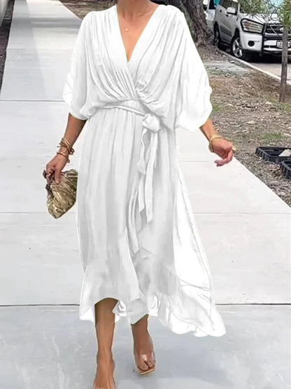 Elegant Chiffon Cocktail Party Dress for Women with V Neck Belted Flowing Bohemian Style