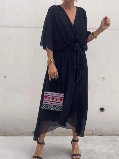 Elegant Chiffon Wrap Maxi Dress for Women with V Neck Batwing Sleeve Tie Waist Fall Wedding Guest Style