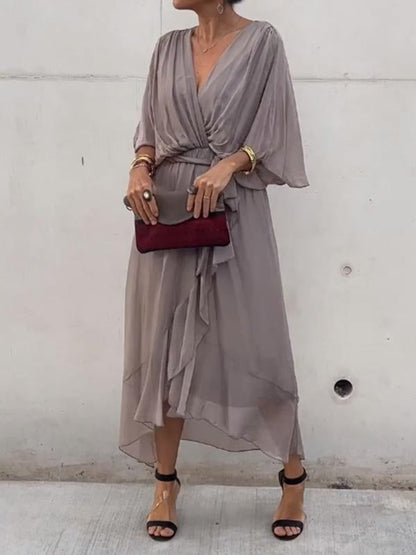 Elegant Chiffon Wrap Maxi Dress for Women with V Neck Batwing Sleeve Tie Waist Fall Wedding Guest Style