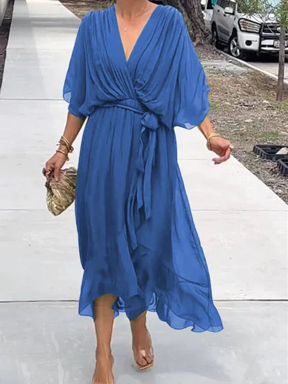 Elegant Chiffon Wrap Maxi Dress for Women with V Neck Batwing Sleeve Tie Waist Fall Wedding Guest Style