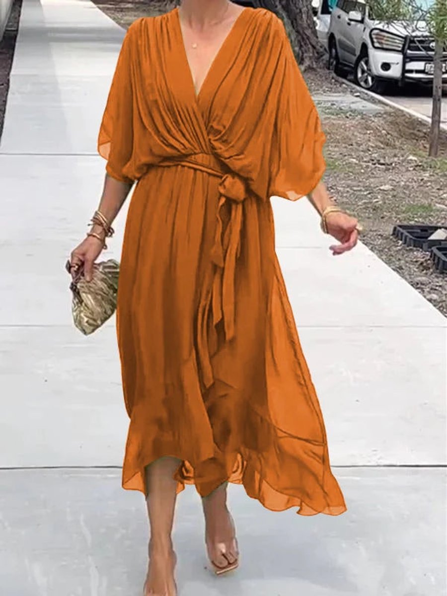 Elegant Chiffon Wrap Maxi Dress for Women with V Neck Batwing Sleeve Tie Waist Fall Wedding Guest Style