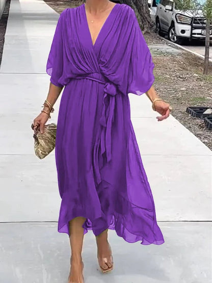 Elegant Chiffon Cocktail Party Dress for Women with V Neck Belted Flowing Bohemian Style