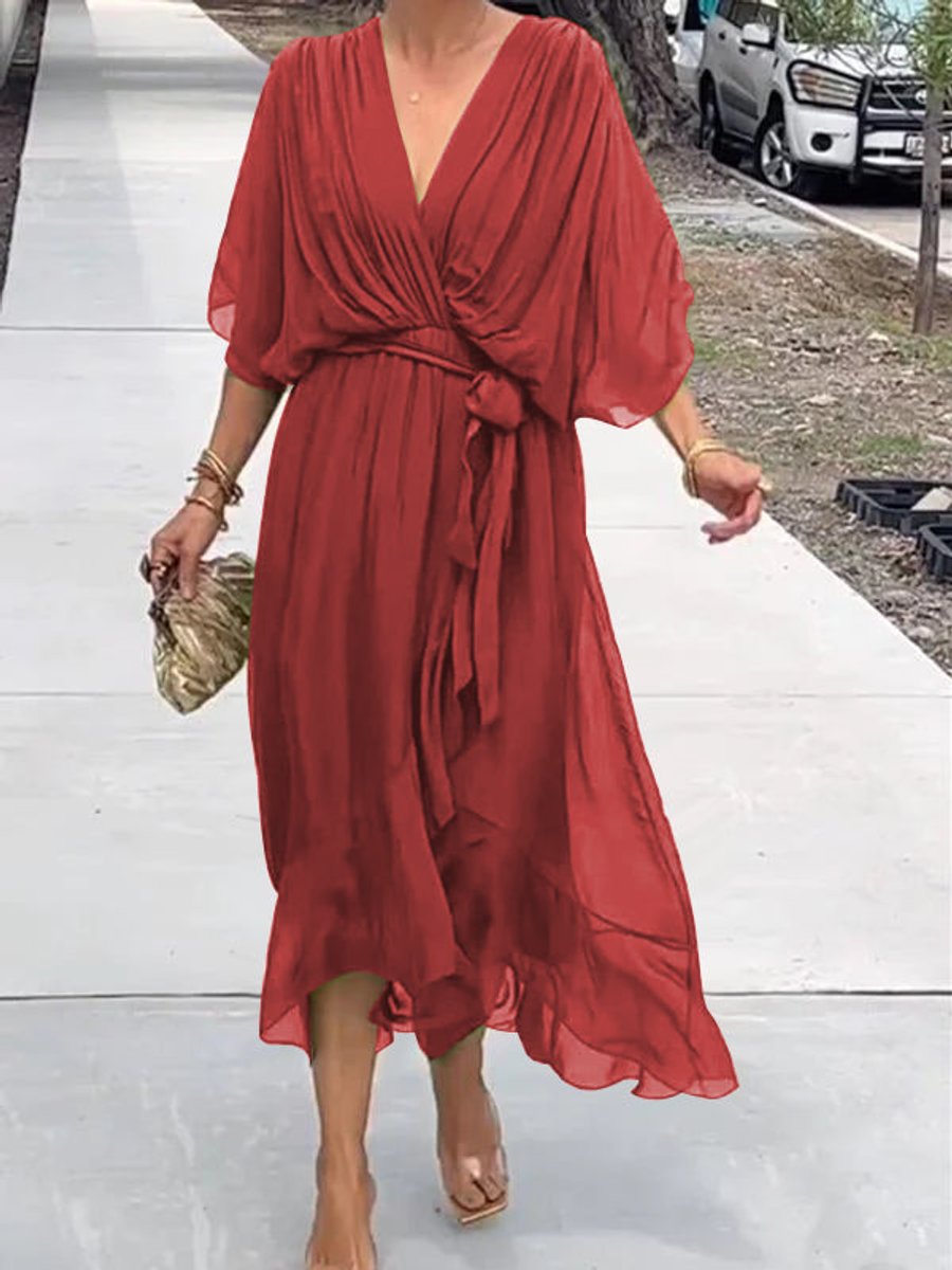 Elegant Chiffon Wrap Maxi Dress for Women with V Neck Batwing Sleeve Tie Waist Fall Wedding Guest Style