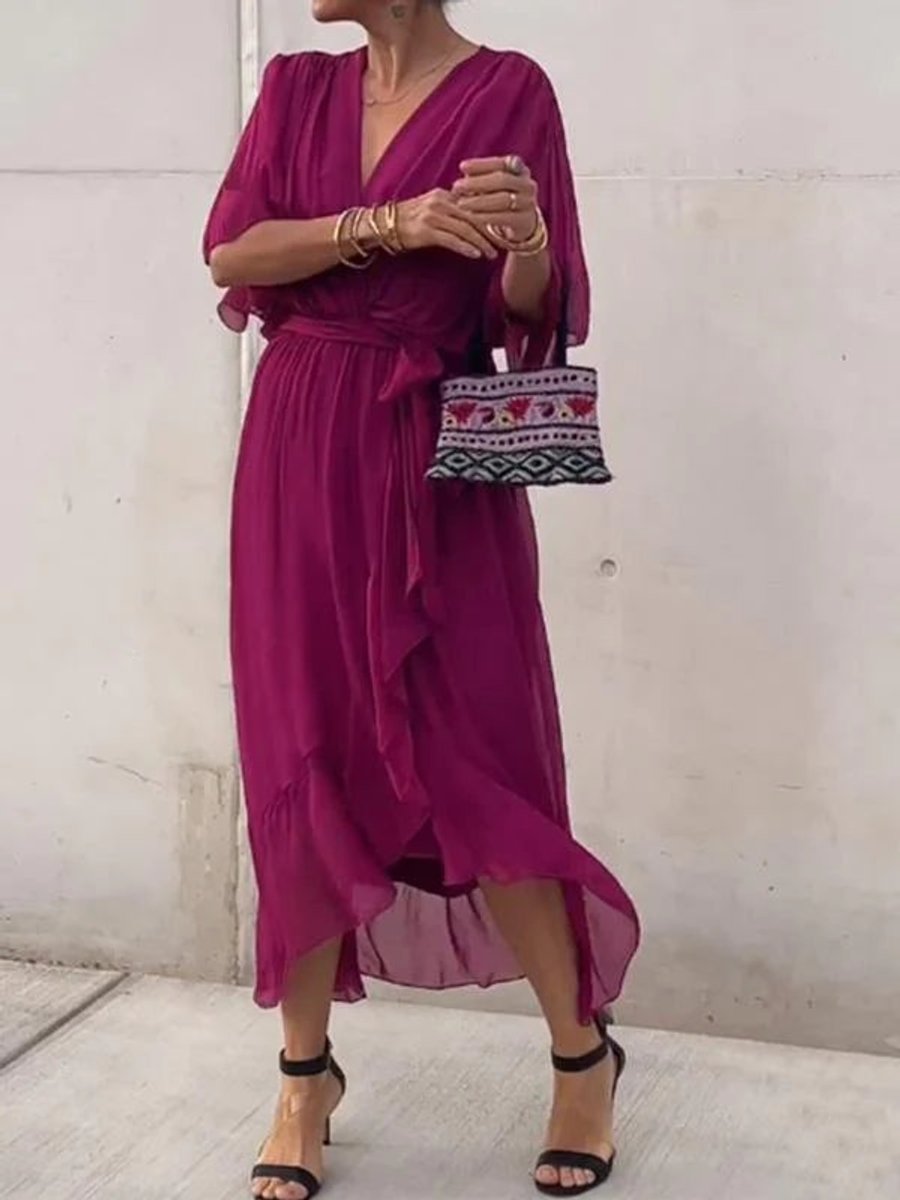 Elegant Chiffon Wrap Maxi Dress for Women with V Neck Batwing Sleeve Tie Waist Fall Wedding Guest Style