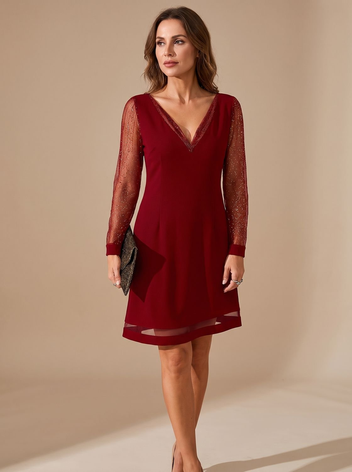 Elegant Glitter Cocktail Mini Dress for Women with V-Neck Long Sleeve Mesh Shift Holiday Party Style